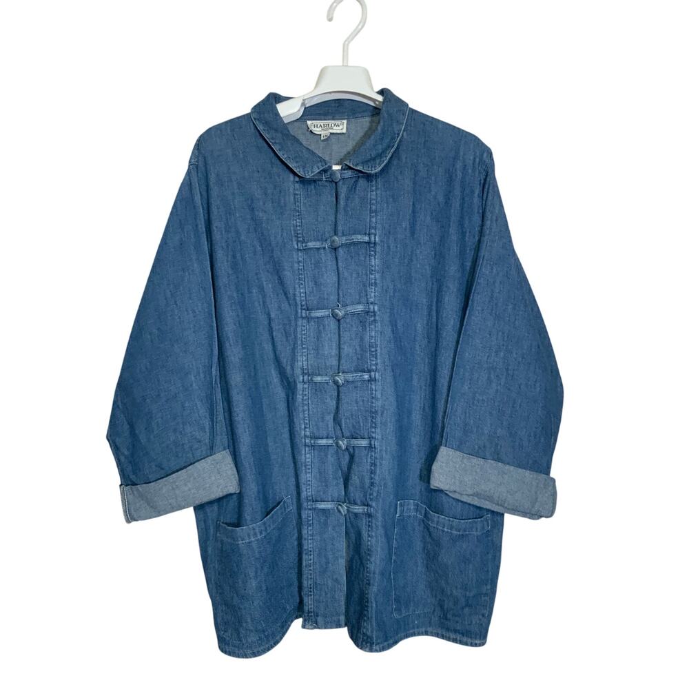 Harlow Vintage Traditional Hanten Kendo Denim Mandarin Top Button Womens Size XL